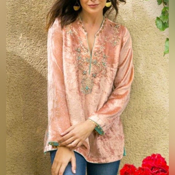 Soft Surroundings Peach Crushed Velvet Moroccan Beaded Embellish Tunic Blouse XL - Picture 1 of 12